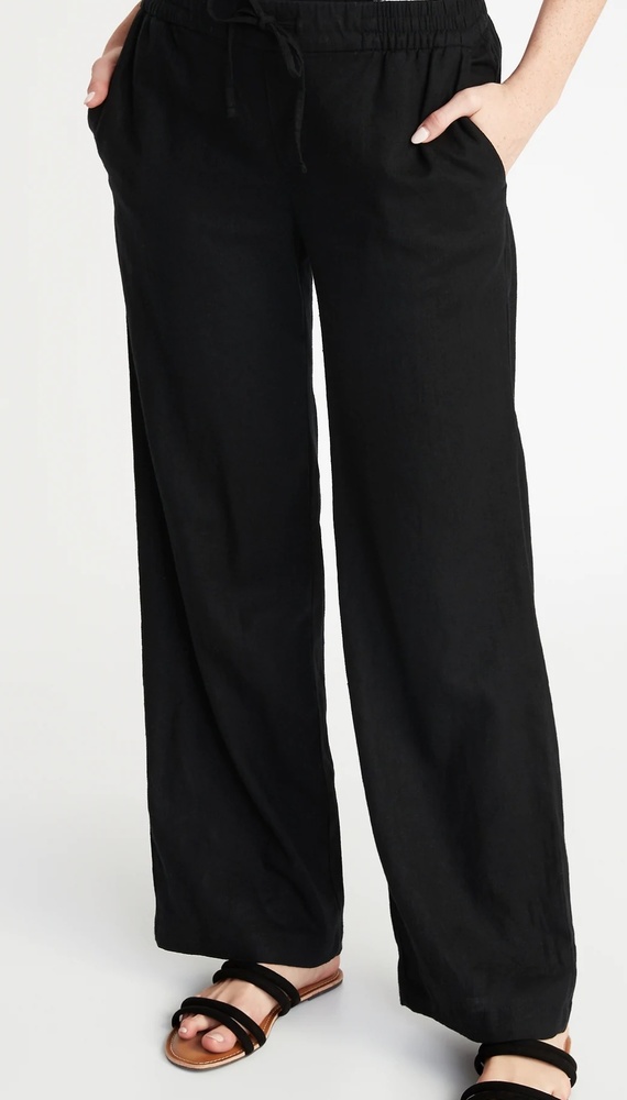 Mid-Rise Wide-Leg Linen-Blend Pull-On Pants